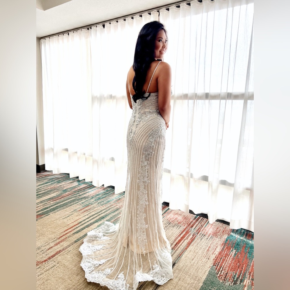 Jovani silver sparkly mermaid gown with train